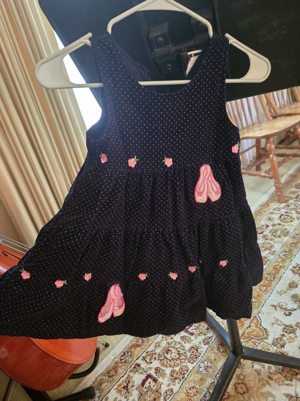 Rare Editions Navy Corduroy  Dress with Pink Embroidered Roses and Ballet Shoes